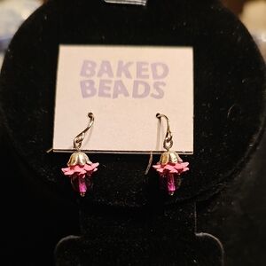New Baked Beads Pink Beaded & Silver Flower Earrings Gift